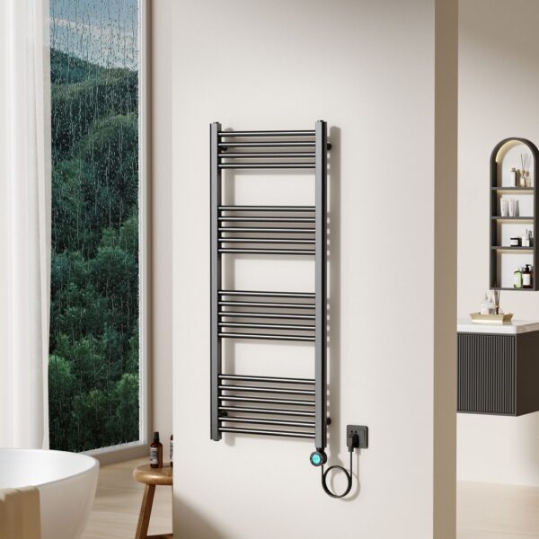 Elektrische handdoekdroger met digitale, programeerbare thermostaat smart wifi aansluiting rechts 700w 1200x500 mm gunmetal 1