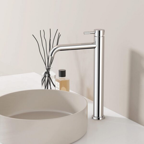 Stria Hoge Wastafelmengkraan Cold Start Hendel met Fijne Ribbelstructuur Chroom