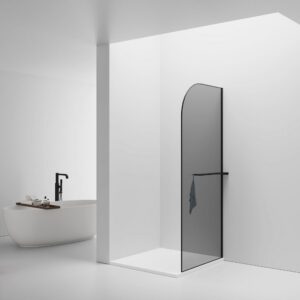 CURVY Gebogen Inloopdouche met Handdoekhouder - 8 mm Veiligheidsglas - Anti-Kalk - Omkeerbaar - 100×200 cm - Grijs Rookglas - Mat Zwart