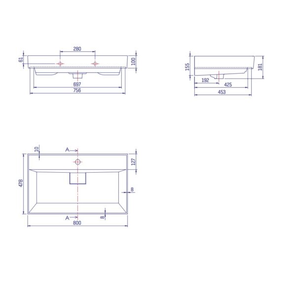 SHARP Keramische Wastafel 80x48x10 cm Glanzend Wit Design Met Kraangat t