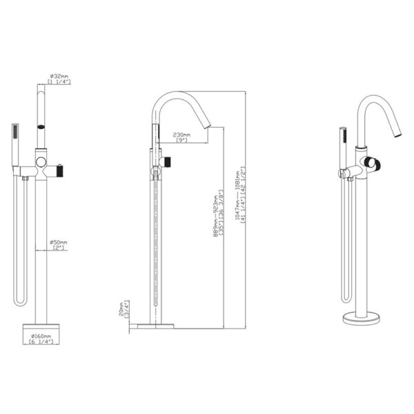 STRIA Vrijstaande Thermostatische Badkraan met Handdouche Ribbelstructuur Knoppen