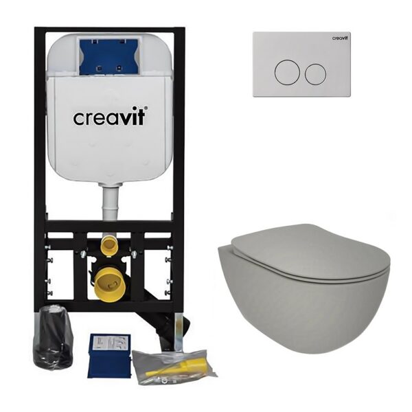 Creavit Inbouw WC Set Hangtoilet Mat Koel Grijs met WC Zitting + 12 cm Inbouwreservoir + Terra Bedieningspaneel Koelgrijs Compleet Wandcloset Set