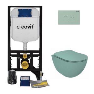 Creavit Inbouw WC Set Hangtoilet Mat Nijlgroen met WC Zitting + 12 cm Inbouwreservoir + Terra Bedieningspaneel Nijlgroen Compleet Wandcloset Systeem