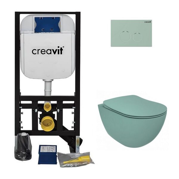 Creavit Inbouw WC Set Hangtoilet Mat Nijlgroen met WC Zitting + 12 cm Inbouwreservoir + Terra Bedieningspaneel Nijlgroen Compleet Wandcloset Systeem