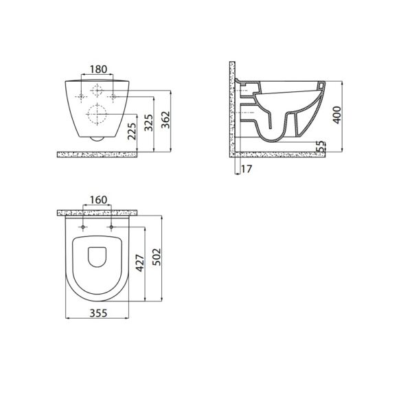 Creavit Terra Hangtoilet Glanzend Wit Wandcloset Zonder Zitting Modern Hangend Toilet voor Inbouwreservoir t