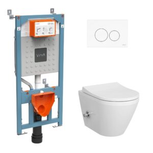 VitrA Integra Round Complete WC Set Wandcloset met Geïntegreerde Warm & Koud Bidetkraan + V Fix Prime Inbouwreservoir 12 cm + Origin Bedieningspaneel Wit
