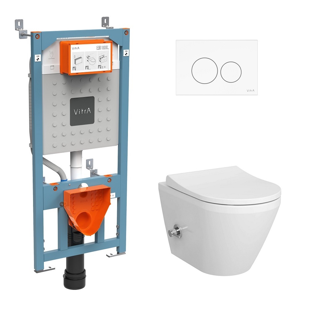VitrA Integra Round Complete WC Set Wandcloset met Geïntegreerde Warm & Koud Bidetkraan + V Fix Prime Inbouwreservoir 12 cm + Origin Bedieningspaneel Wit