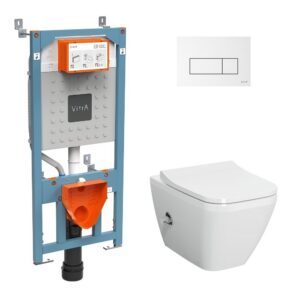 VitrA Integra Square Complete WC Set Wandcloset met Geïntegreerde Warm & Koud Bidetkraan + V Fix Prime Inbouwreservoir 12 cm + Root Square Bedieningspaneel Wit