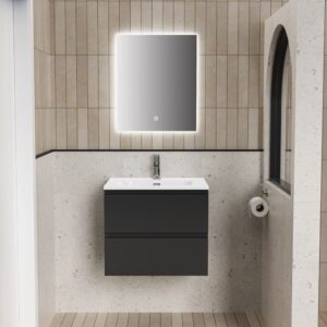 LIVA Badkamermeubelset 60 cm Mat Zwart Inclusief Wastafel, Onderkast met Softclose Lades & LED Spiegel
