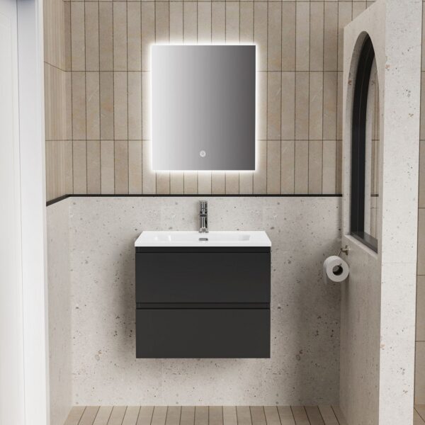 LIVA Badkamermeubelset 60 cm Mat Zwart Inclusief Wastafel, Onderkast met Softclose Lades & LED Spiegel