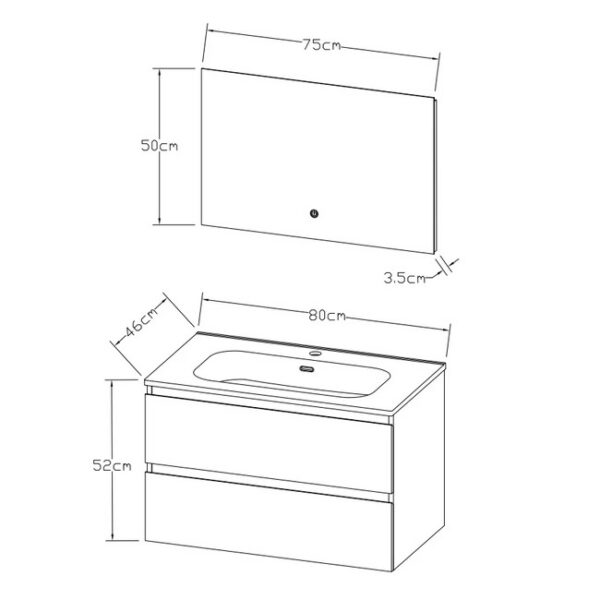 LIVA Badkamermeubelset 80 cm Inclusief Wastafel, Onderkast met Softclose Lades & LED Spiegel
