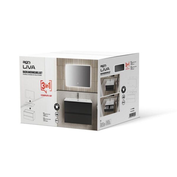 LIVA Badkamermeubelset 80 cm Mat Zwart Inclusief Wastafel, Onderkast met Softclose Lades & LED Spiegel