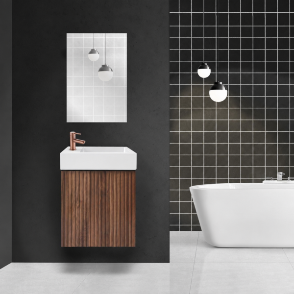 Mikaro Toiletmeubelset 40 cm Walnoot Fontein Mat Wit Spiegel met Lijst Complete Toiletruimte Set
