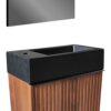 Mikaro Toiletmeubelset 40 cm Walnoot Fontein Mat Zwart Spiegel met Lijst Complete Toiletruimte Set