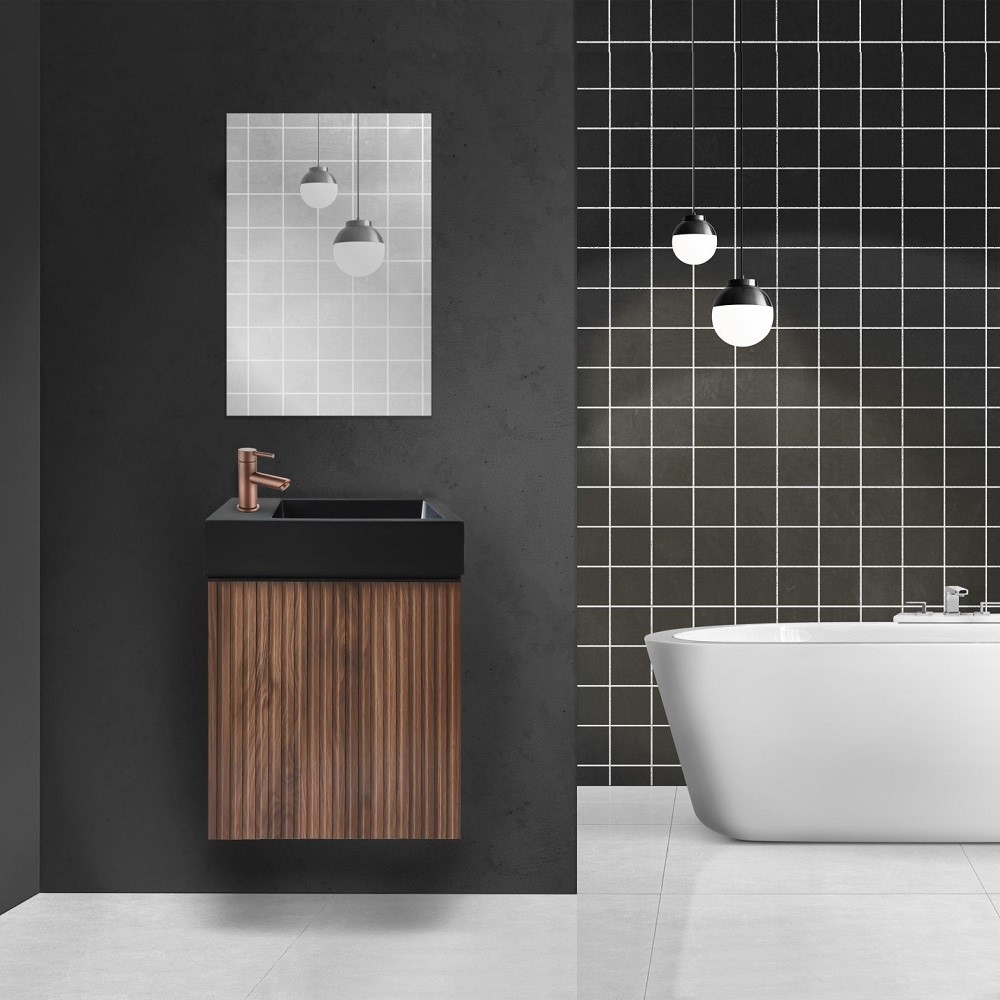 Mikaro Toiletmeubelset 40 cm Walnoot Fontein Mat Zwart Spiegel met Lijst Complete Toiletruimte Set