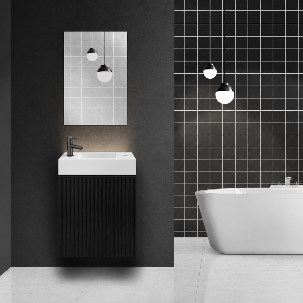 Mikaro Toiletmeubelset 40 cm Zwart Eiken Fontein Mat Wit Spiegel met Lijst Complete Toiletruimte Set