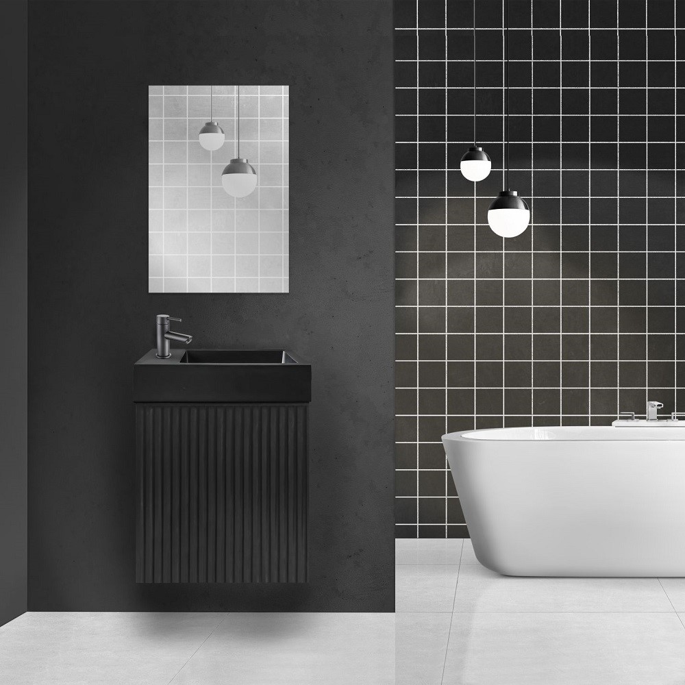 Mikaro Toiletmeubelset 40 cm Zwart Eiken Fontein Mat Zwart Spiegel met Lijst Complete Toiletruimte Set