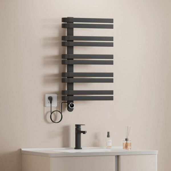 Elektrische Handdoekdroger Smart WiFi Mat Zwart 90 x 50 cm 225 Watt Linkeraansluiting Design Badkamerradiator BEZWFDS900500 amb
