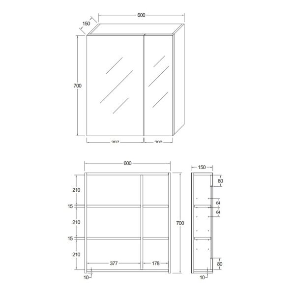 Hayat Spiegelkast 60 cm Asymmetrische Spiegeldeuren 4 Verstelbare Legplanken T