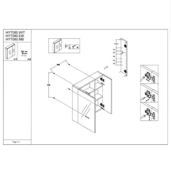 Hayat Spiegelkast 80 cm 2 Asymmetrische Spiegeldeuren 4 Verstelbare Legplanken t
