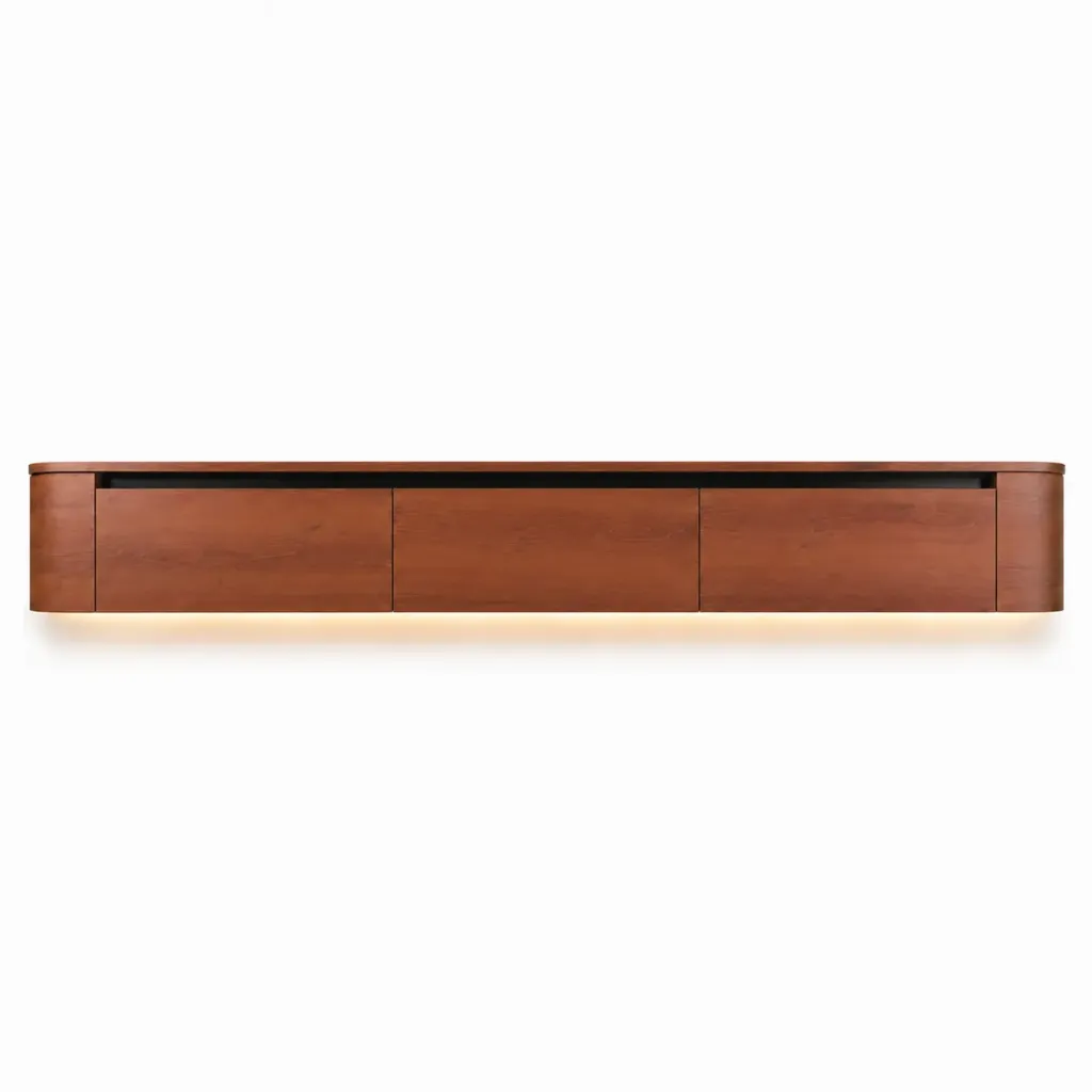 VELORA Japandi TV Meubel 240 cm - Brons Eiken - 3 Deurs Zwevend TV-Meubel met LED Verlichting