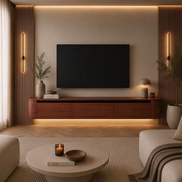 VELORA Japandi TV Meubel Brons Eiken 2 Deurs Zwevend TV Meubel met LED Verlichting