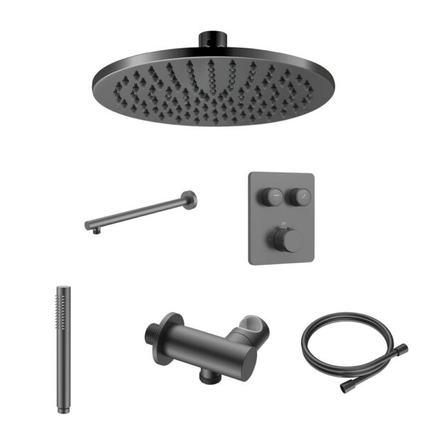 Stria Complete Inbouw Regendoucheset - Thermostatisch 2-Weg met Drukknoppen - Gunmetal PVD