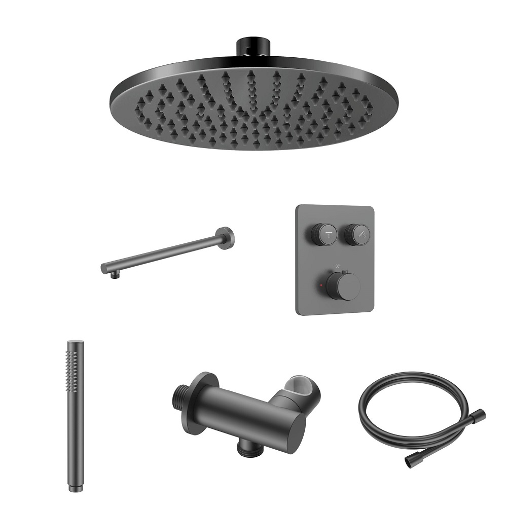 Stria Complete Inbouw Regendoucheset - Thermostatisch 2-Weg met Drukknoppen - Gunmetal PVD