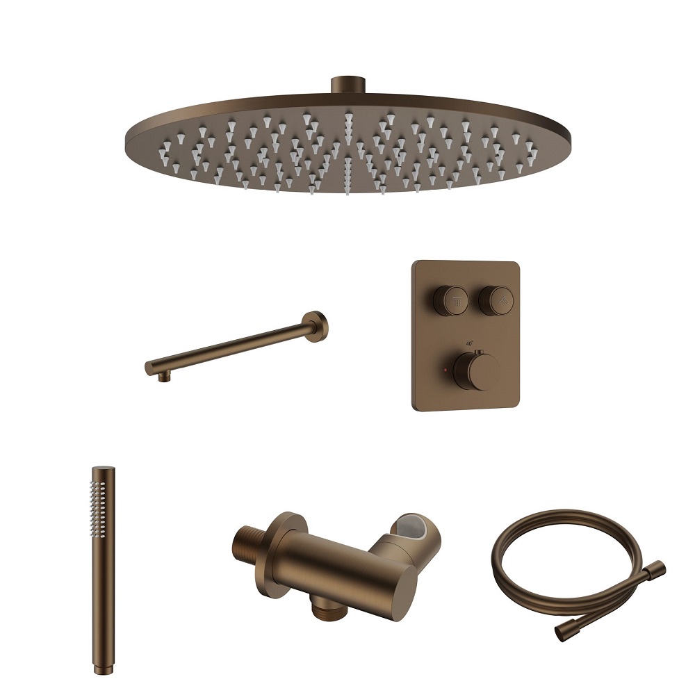 Stria Complete Inbouw Regendoucheset - Thermostatisch 2-Weg met Drukknoppen - Bruin Brons PVD