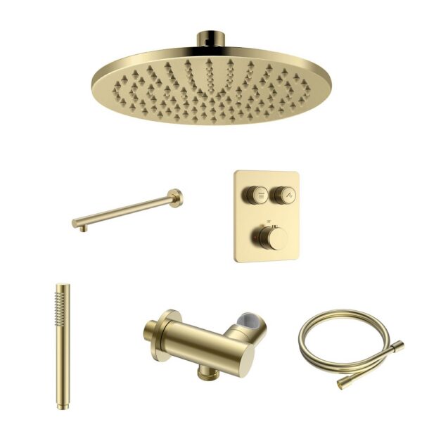 Stria Complete Inbouw Regendoucheset - Thermostatisch 2-Weg met Drukknoppen - Geborsteld Goud PVD