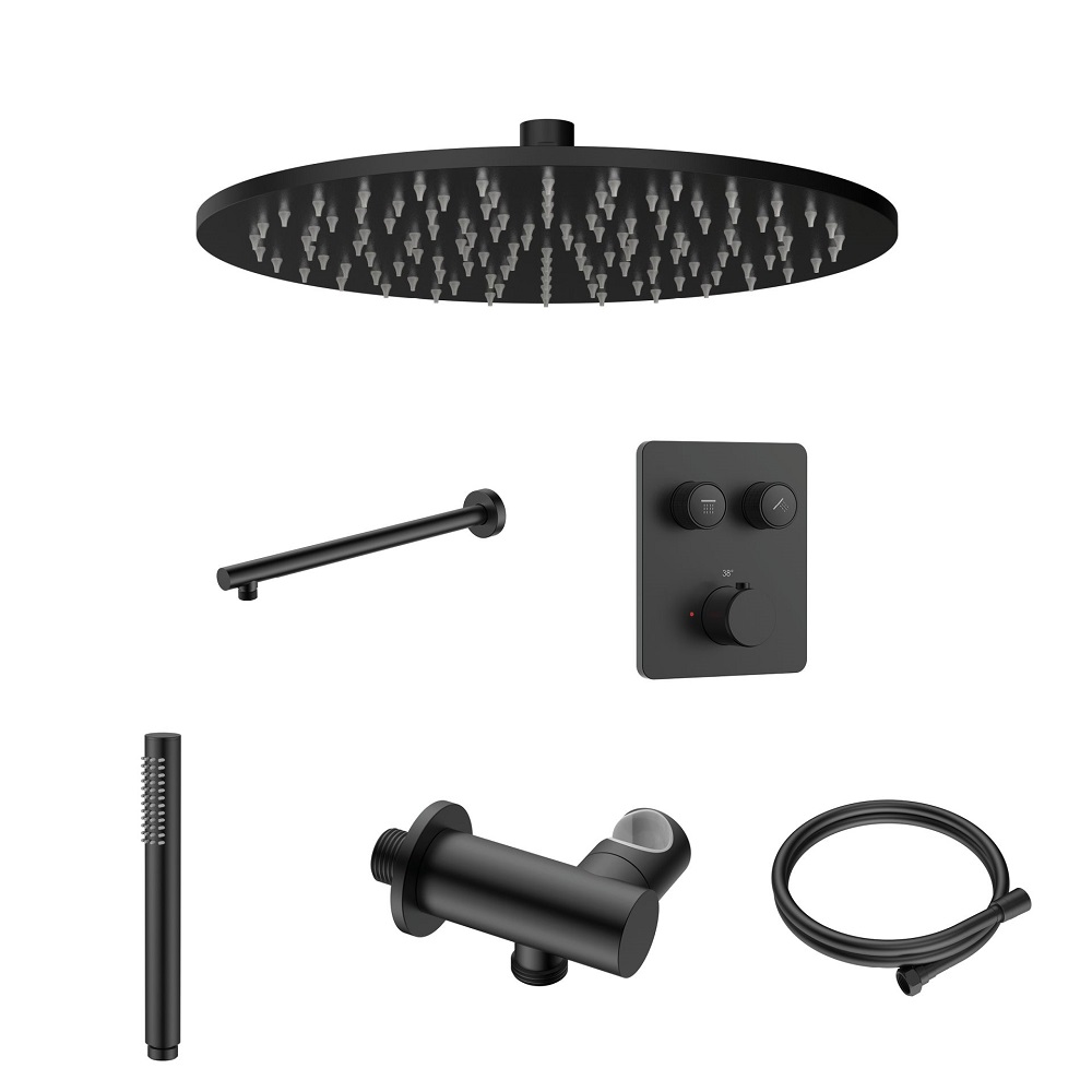 Stria Complete Inbouw Regendoucheset - Thermostatisch 2-Weg met Drukknoppen - Mat Zwart PVD