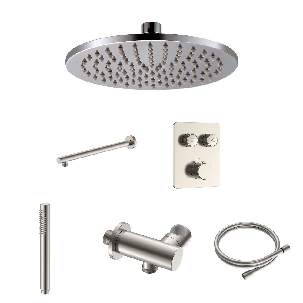 Stria Complete Inbouw Regendoucheset - Thermostatisch 2-Weg met Drukknoppen - Geborsteld RVS